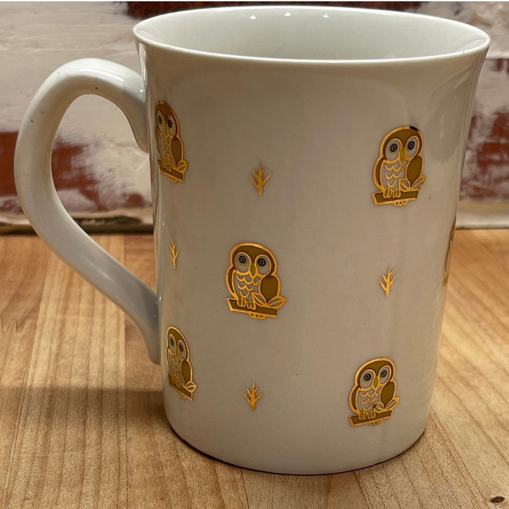 Vintage Otagiri Japan Owl Coffee Mug Gold Gilt White Ceramic Bird Print Retro